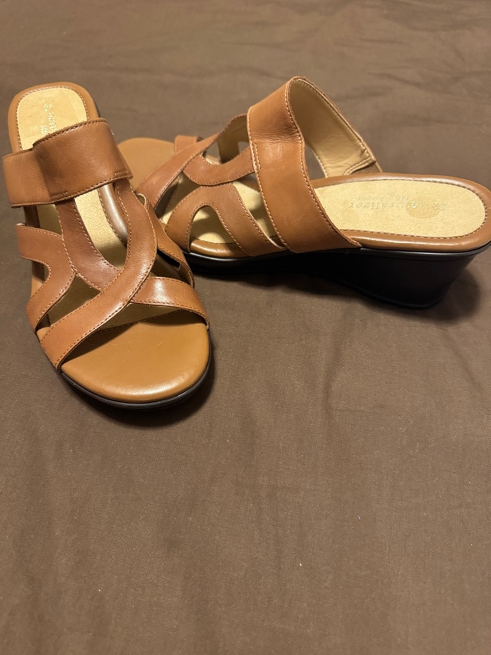 Naturalizer Brown Leather Wedge Slide Mules